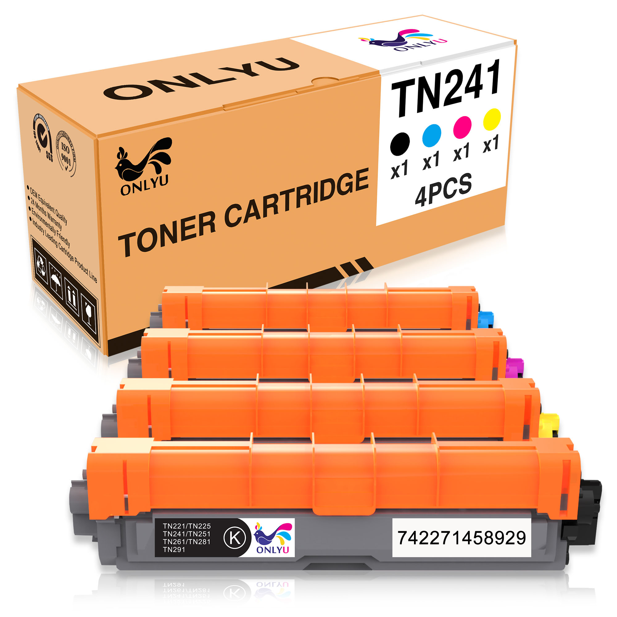 ONLYU TN241 TN245 Toner cartridge compatible for Brother HL-3140CW HL-3150CDW HL-3170CDW HL-3142CW HL-3152CDW HL-3172CDW DCP-9015CDW DCP-9020CDW MFC-9130CW MFC-9140CDN MFC-9340CDW MFC-9330CDW 4-Pack(1B 1M 1C 1Y) 